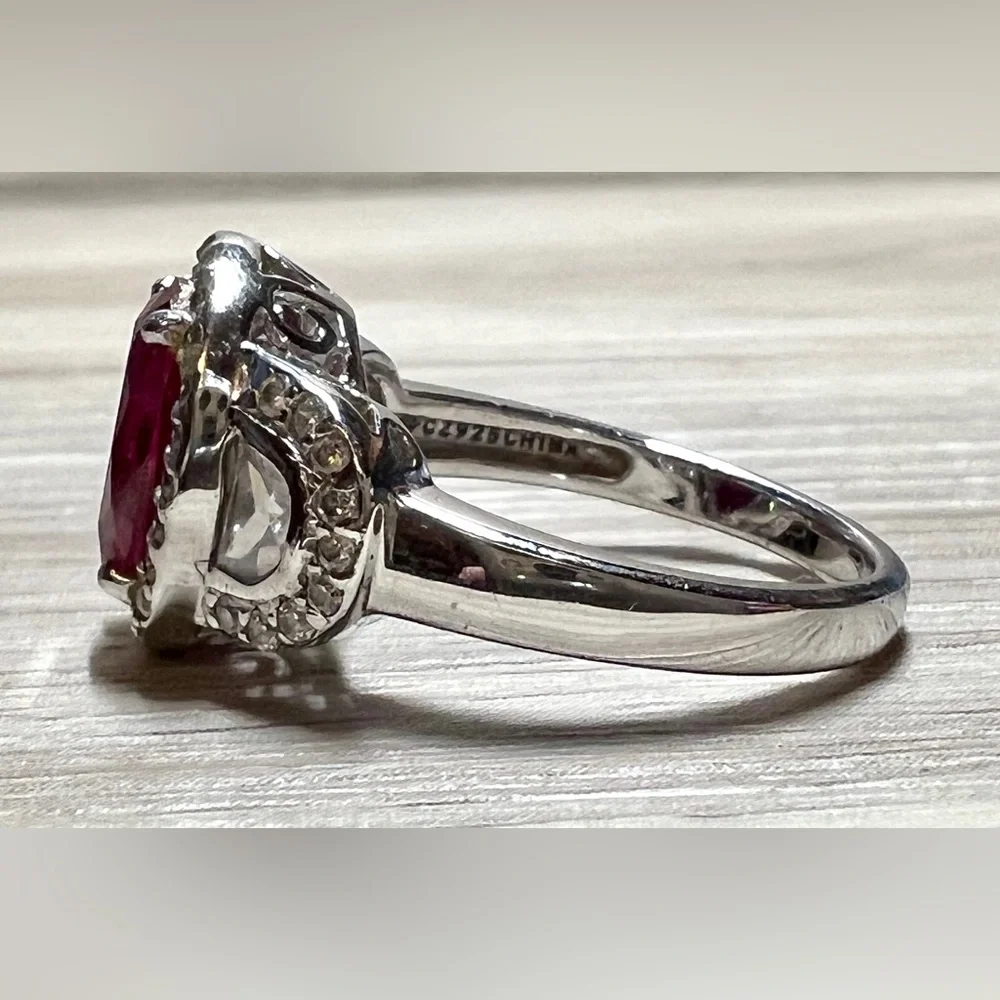 Designer Signed FE Sterling Silver Red & Clear Cubic Zirconia Halo Ring, Size 7 - Picture 3 of 11